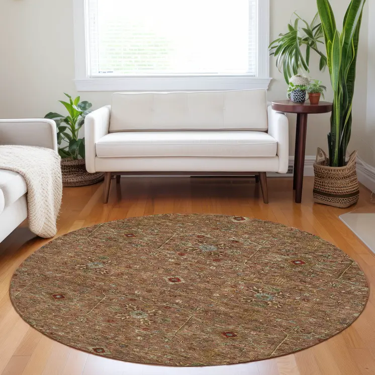 8' Brown Red And Green Round Floral Washable Indoor Outdoor Area Rug