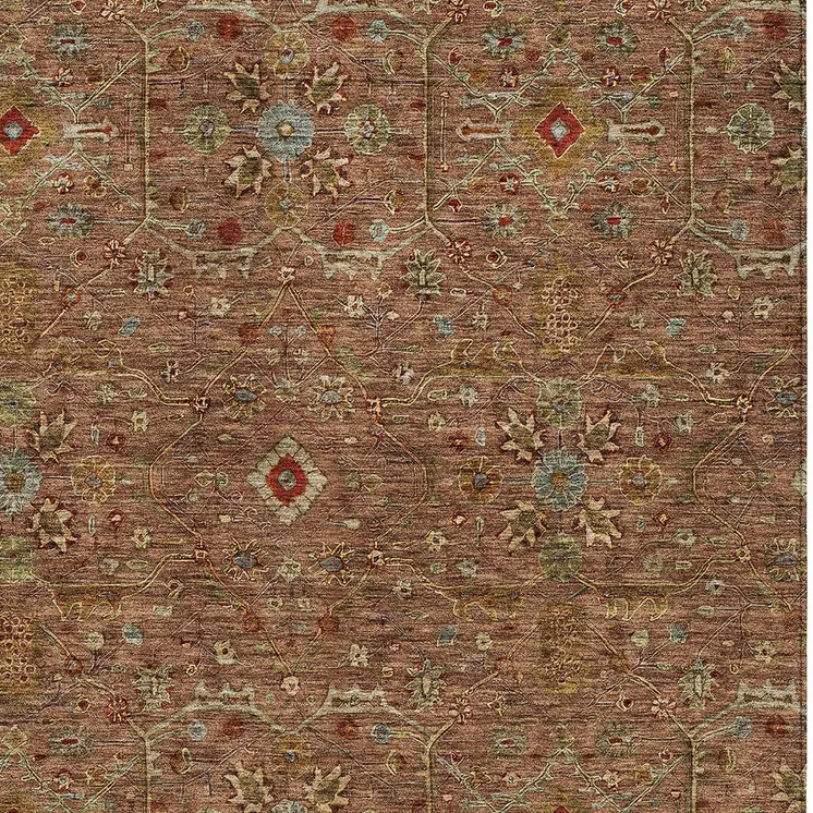 8' X 10' Brown Red And Green Floral Washable Indoor Outdoor Area Rug