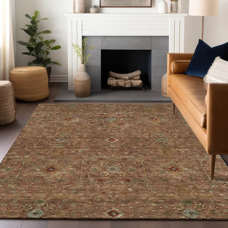 8' X 10' Brown Red And Green Floral Washable Indoor Outdoor Area Rug