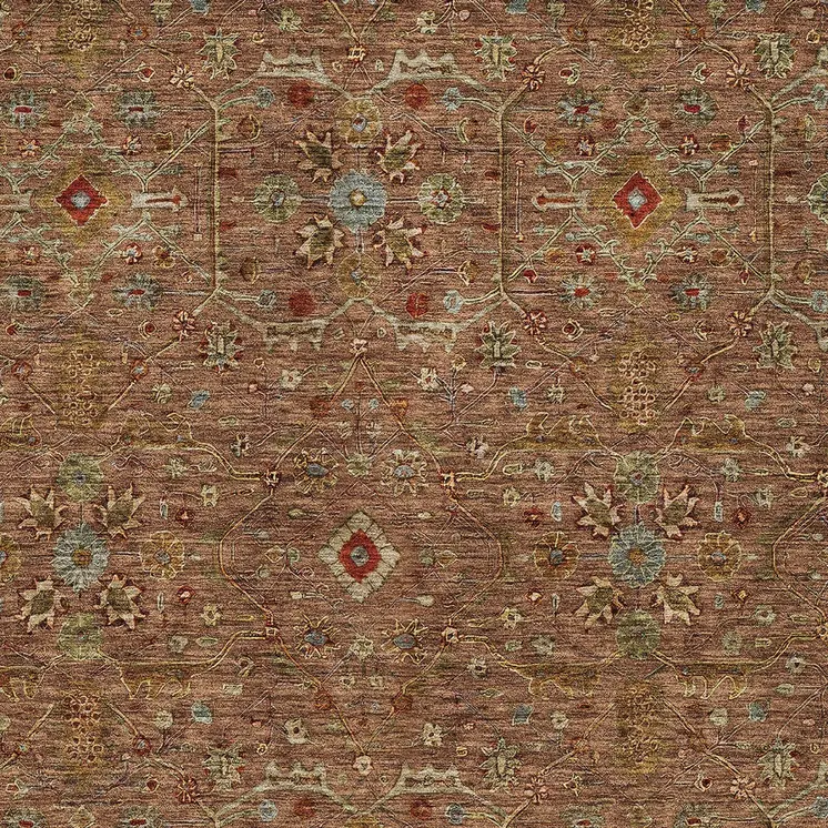 9' X 12' Brown Red And Green Floral Washable Indoor Outdoor Area Rug