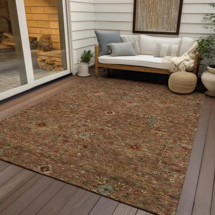 10' X 14' Brown Red And Green Floral Washable Indoor Outdoor Area Rug
