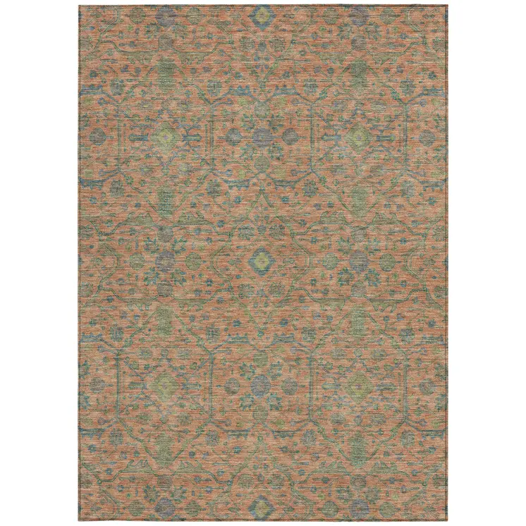 8' X 10' Coral And Teal Blue Floral Washable Indoor Outdoor Area Rug