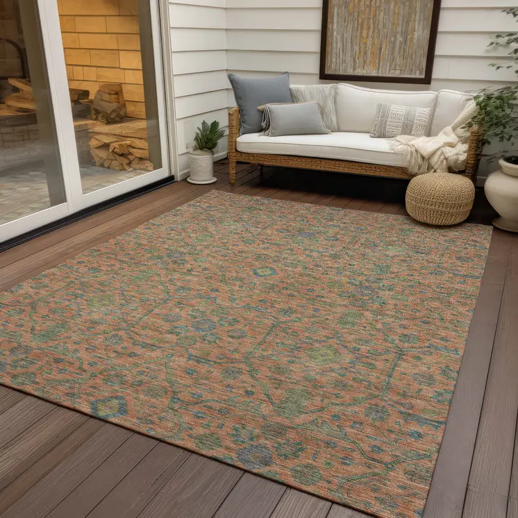 10' X 14' Coral And Teal Blue Floral Washable Indoor Outdoor Area Rug