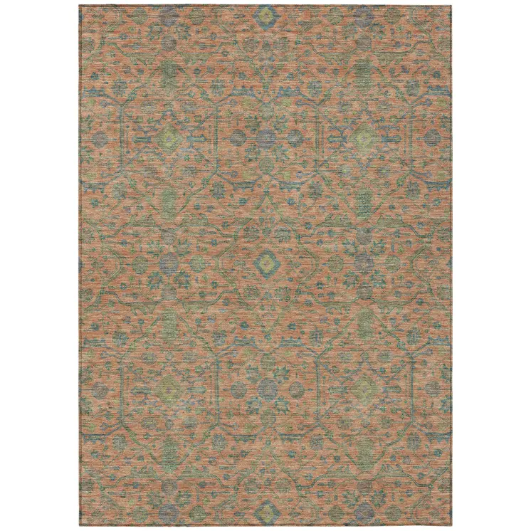 10' X 14' Coral And Teal Blue Floral Washable Indoor Outdoor Area Rug