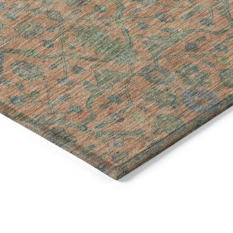 10' X 14' Coral And Teal Blue Floral Washable Indoor Outdoor Area Rug