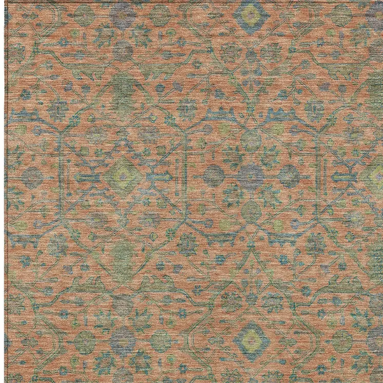 10' X 14' Coral And Teal Blue Floral Washable Indoor Outdoor Area Rug