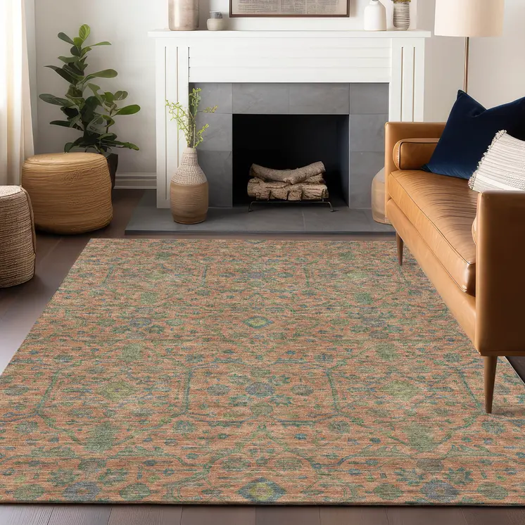 10' X 14' Coral And Teal Blue Floral Washable Indoor Outdoor Area Rug