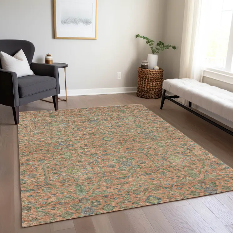 10' X 14' Coral And Teal Blue Floral Washable Indoor Outdoor Area Rug