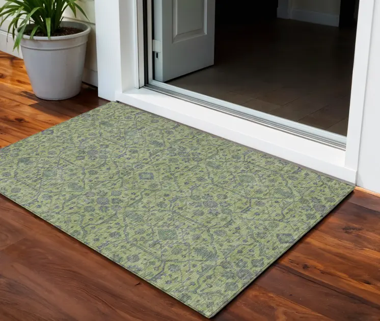 3' X 5' Lime Green And Gray Floral Washable Indoor Outdoor Area Rug
