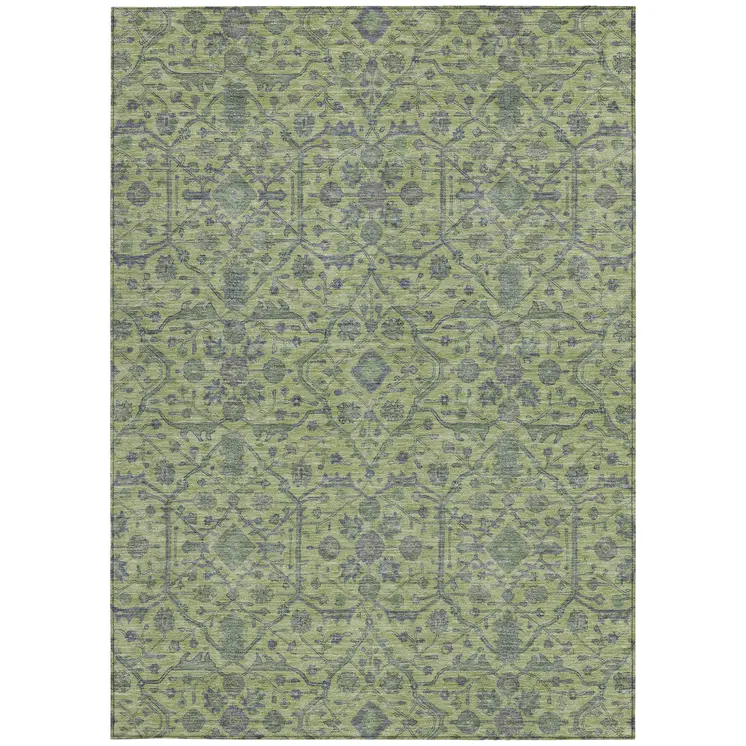 5' X 8' Lime Green And Gray Floral Washable Indoor Outdoor Area Rug