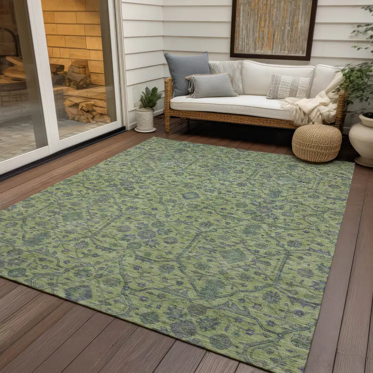 5' X 8' Lime Green And Gray Floral Washable Indoor Outdoor Area Rug