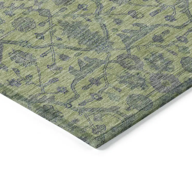 5' X 8' Lime Green And Gray Floral Washable Indoor Outdoor Area Rug