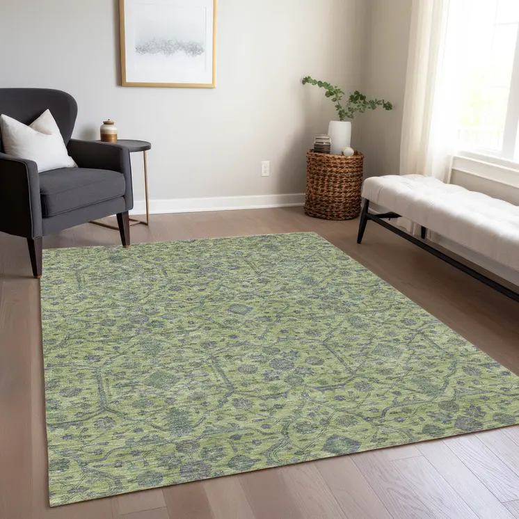 5' X 8' Lime Green And Gray Floral Washable Indoor Outdoor Area Rug