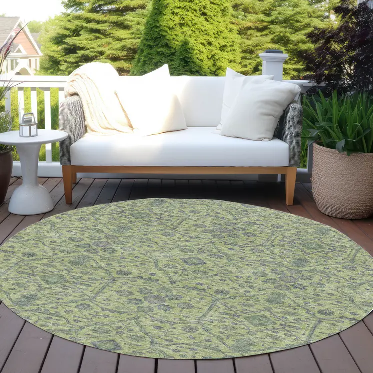 8' Lime Green And Gray Round Floral Washable Indoor Outdoor Area Rug