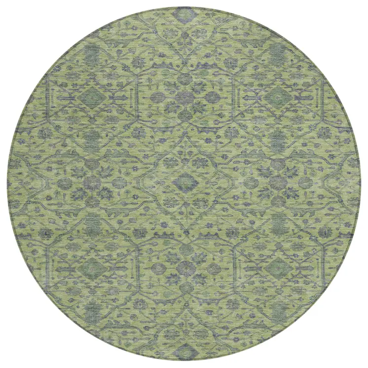 8' Lime Green And Gray Round Floral Washable Indoor Outdoor Area Rug