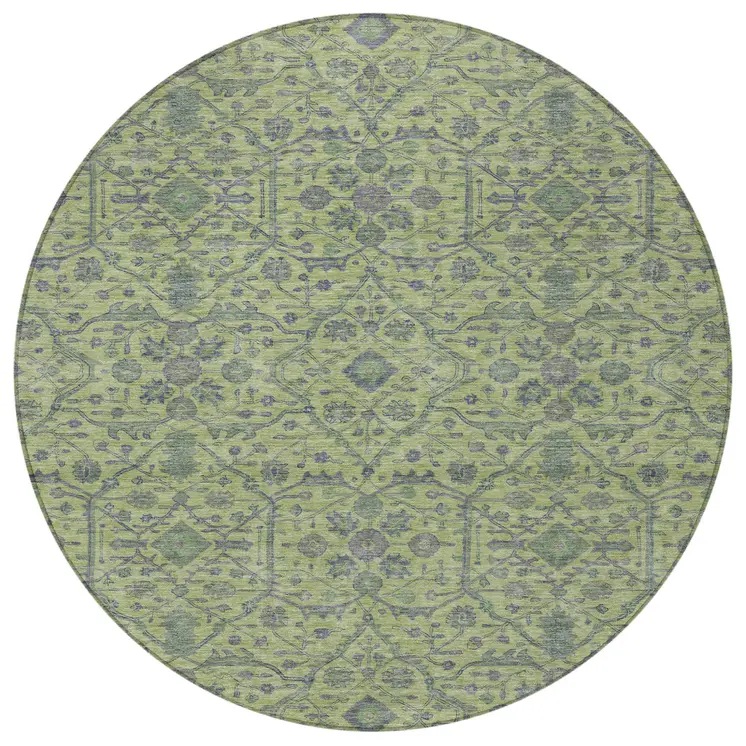 8' Lime Green And Gray Round Floral Washable Indoor Outdoor Area Rug