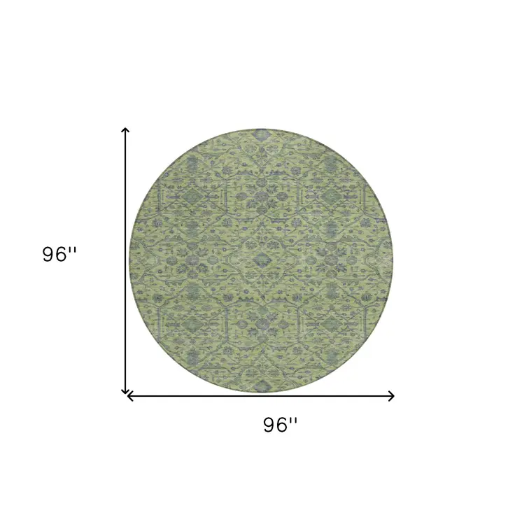 8' Lime Green And Gray Round Floral Washable Indoor Outdoor Area Rug