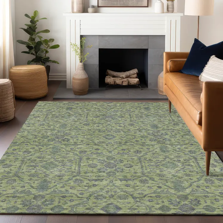 9' X 12' Lime Green And Gray Floral Washable Indoor Outdoor Area Rug