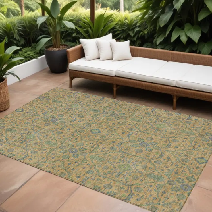 8' X 10' Orange Blue And Green Floral Washable Indoor Outdoor Area Rug