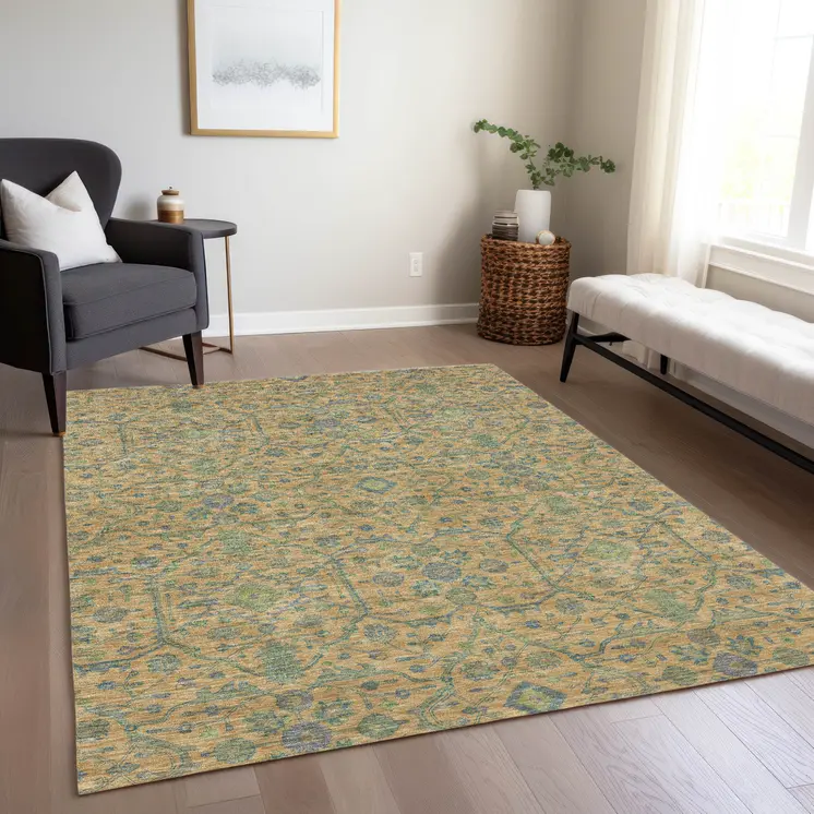 8' X 10' Orange Blue And Green Floral Washable Indoor Outdoor Area Rug