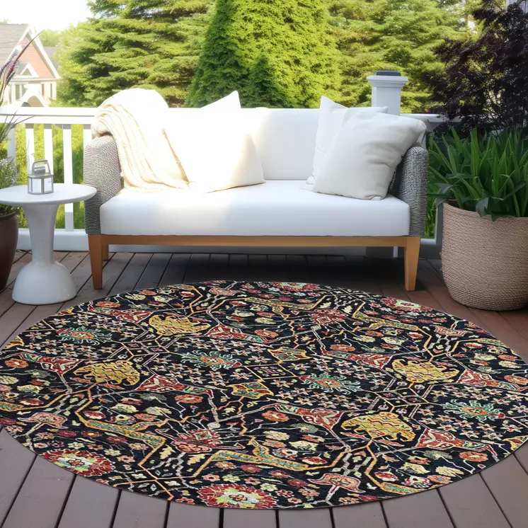 8' Black Red And Gold Round Floral Washable Indoor Outdoor Area Rug