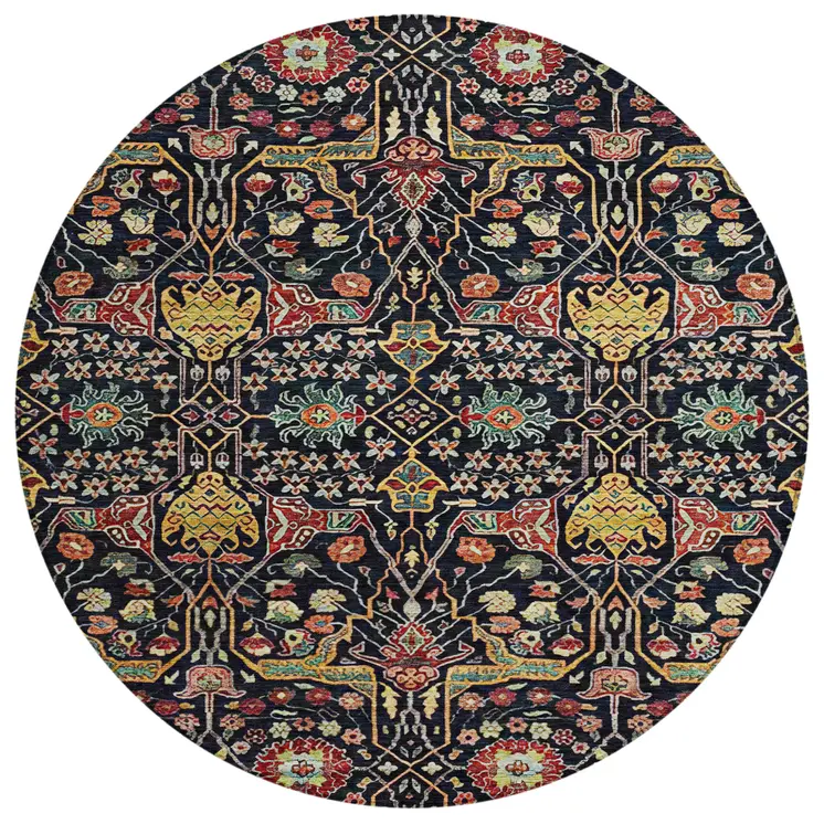 8' Black Red And Gold Round Floral Washable Indoor Outdoor Area Rug