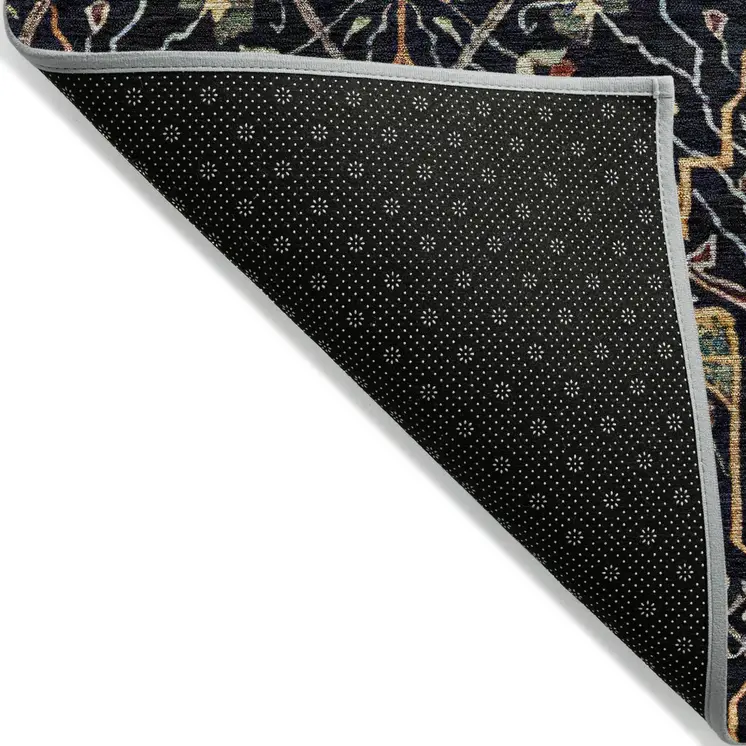 8' Black Red And Gold Round Floral Washable Indoor Outdoor Area Rug