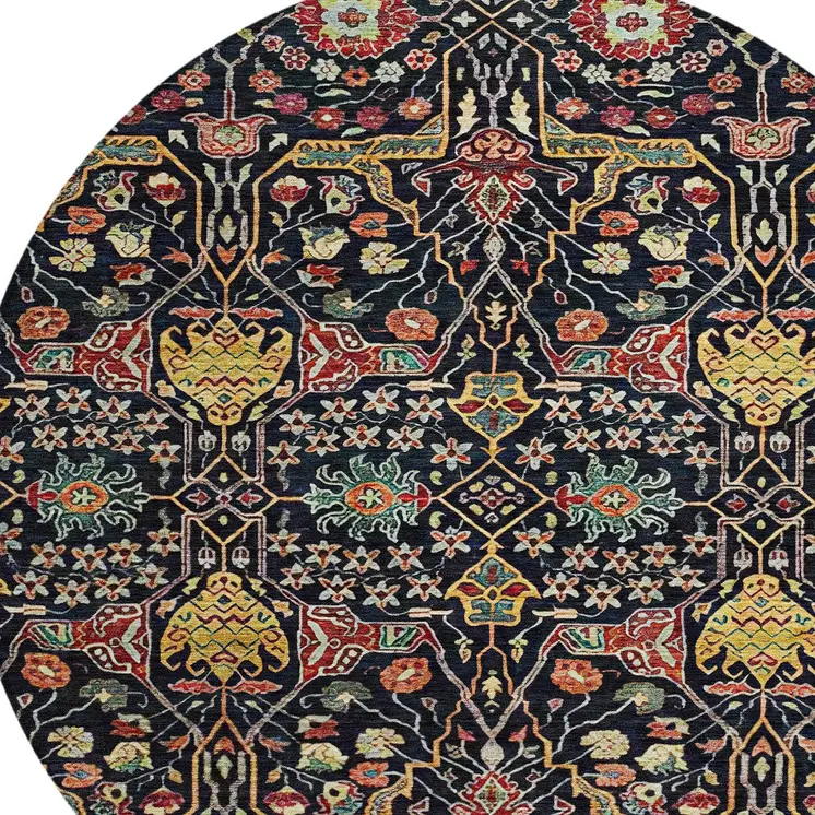 8' Black Red And Gold Round Floral Washable Indoor Outdoor Area Rug