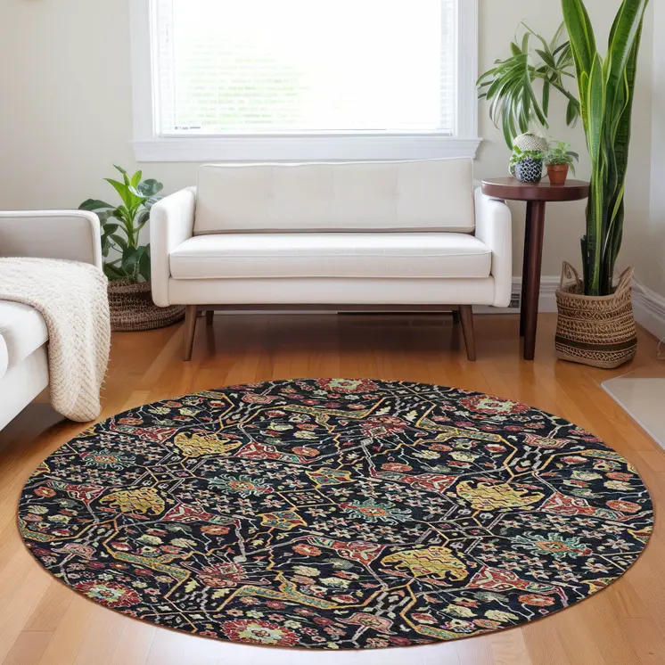 8' Black Red And Gold Round Floral Washable Indoor Outdoor Area Rug