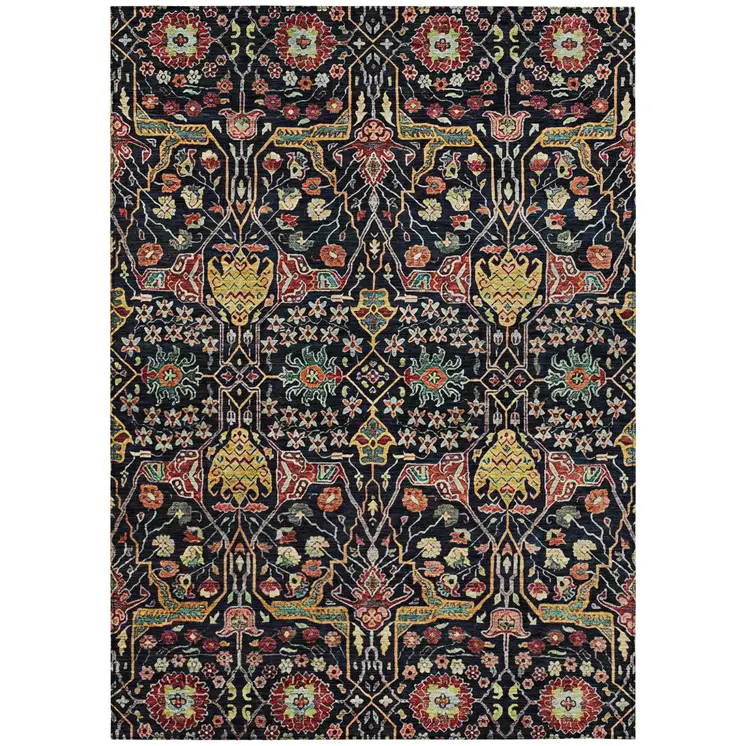 9' X 12' Black Red And Gold Floral Washable Indoor Outdoor Area Rug