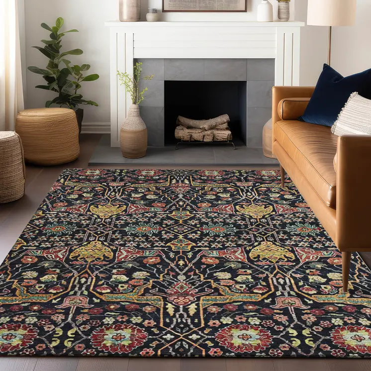 9' X 12' Black Red And Gold Floral Washable Indoor Outdoor Area Rug