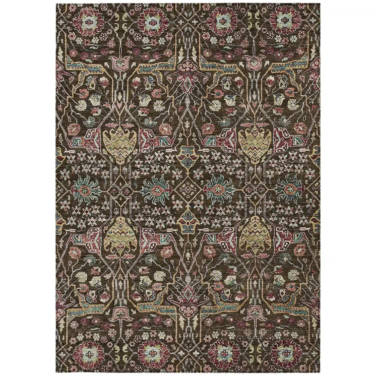 3' X 5' Chocolate Red And Gold Floral Washable Indoor Outdoor Area Rug