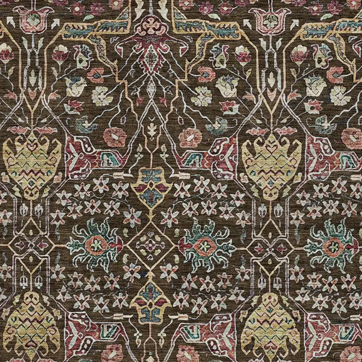 5' X 8' Chocolate Red And Gold Floral Washable Indoor Outdoor Area Rug