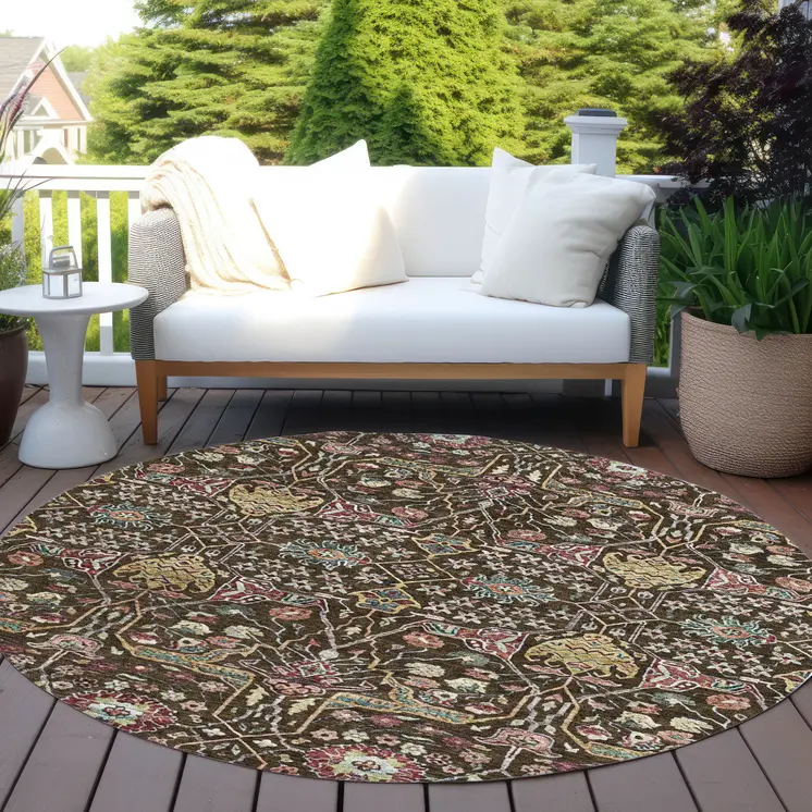 8' Chocolate Red And Gold Round Floral Washable Indoor Outdoor Area Rug