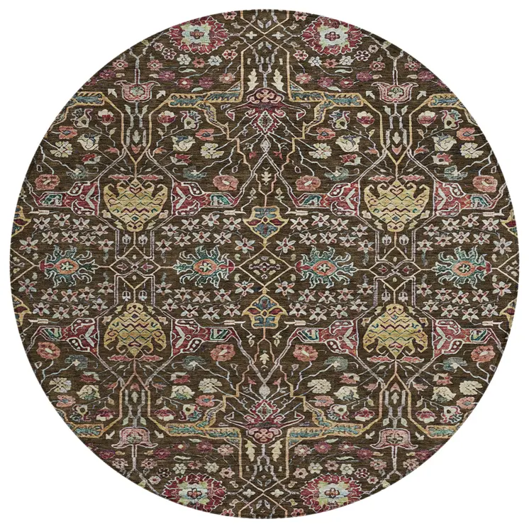 8' Chocolate Red And Gold Round Floral Washable Indoor Outdoor Area Rug