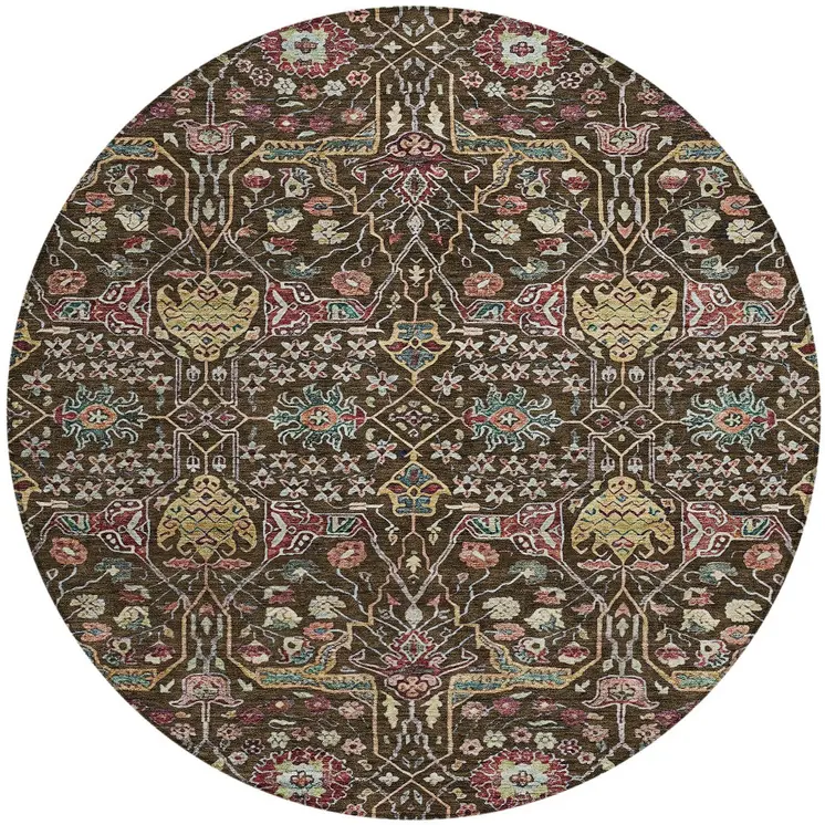 8' Chocolate Red And Gold Round Floral Washable Indoor Outdoor Area Rug