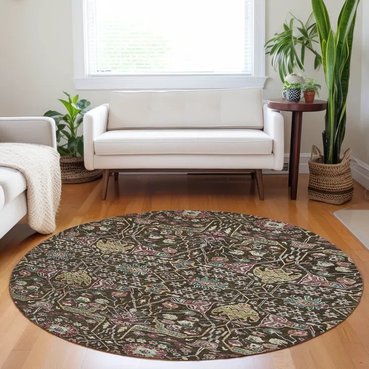 8' Chocolate Red And Gold Round Floral Washable Indoor Outdoor Area Rug