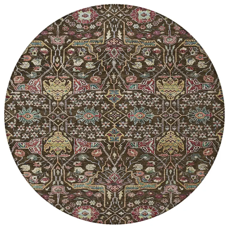 8' Chocolate Red And Gold Round Floral Washable Indoor Outdoor Area Rug