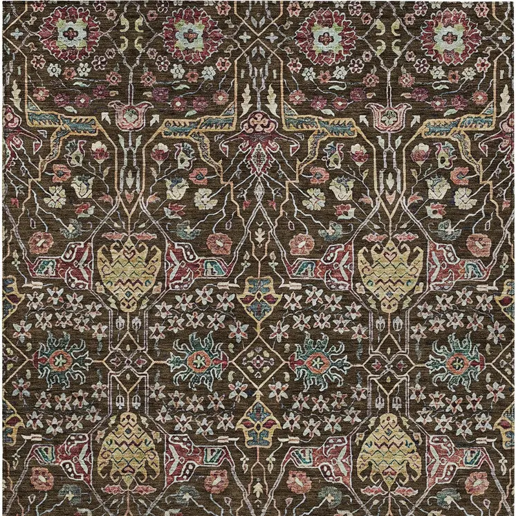 8' X 10' Chocolate Red And Gold Floral Washable Indoor Outdoor Area Rug