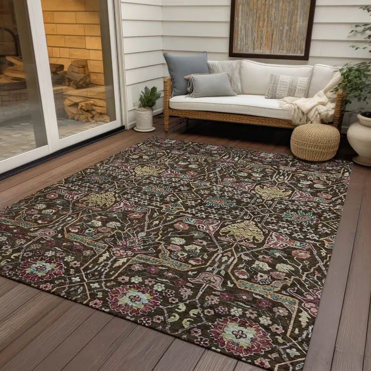 8' X 10' Chocolate Red And Gold Floral Washable Indoor Outdoor Area Rug
