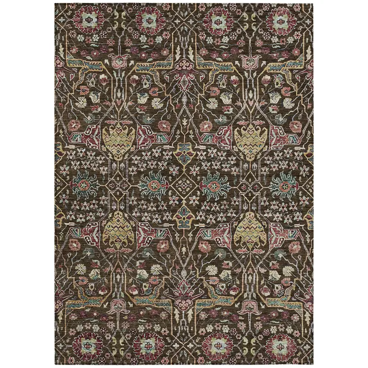 8' X 10' Chocolate Red And Gold Floral Washable Indoor Outdoor Area Rug