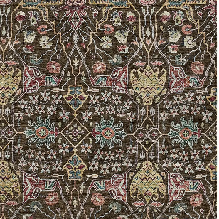 8' X 10' Chocolate Red And Gold Floral Washable Indoor Outdoor Area Rug