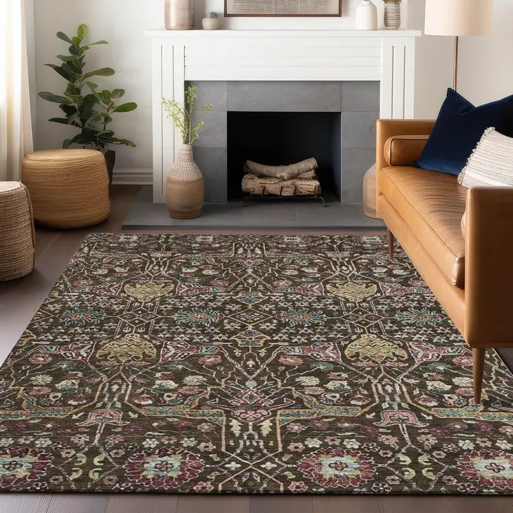 8' X 10' Chocolate Red And Gold Floral Washable Indoor Outdoor Area Rug