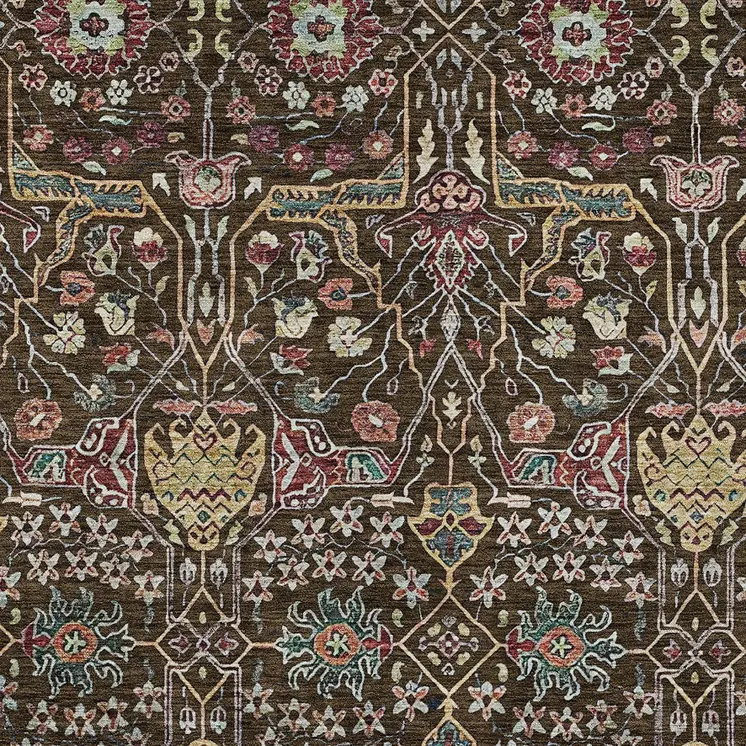 9' X 12' Chocolate Red And Gold Floral Washable Indoor Outdoor Area Rug