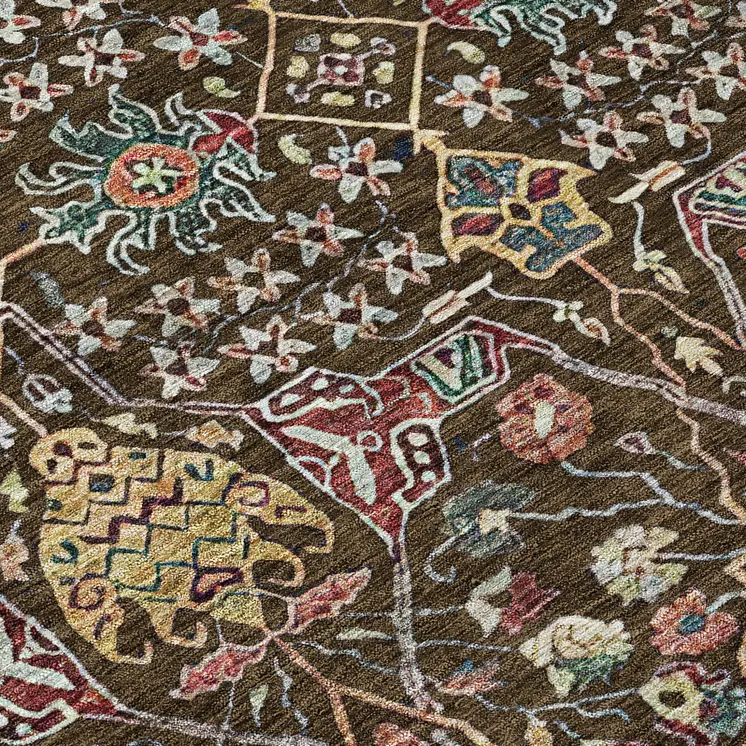 9' X 12' Chocolate Red And Gold Floral Washable Indoor Outdoor Area Rug