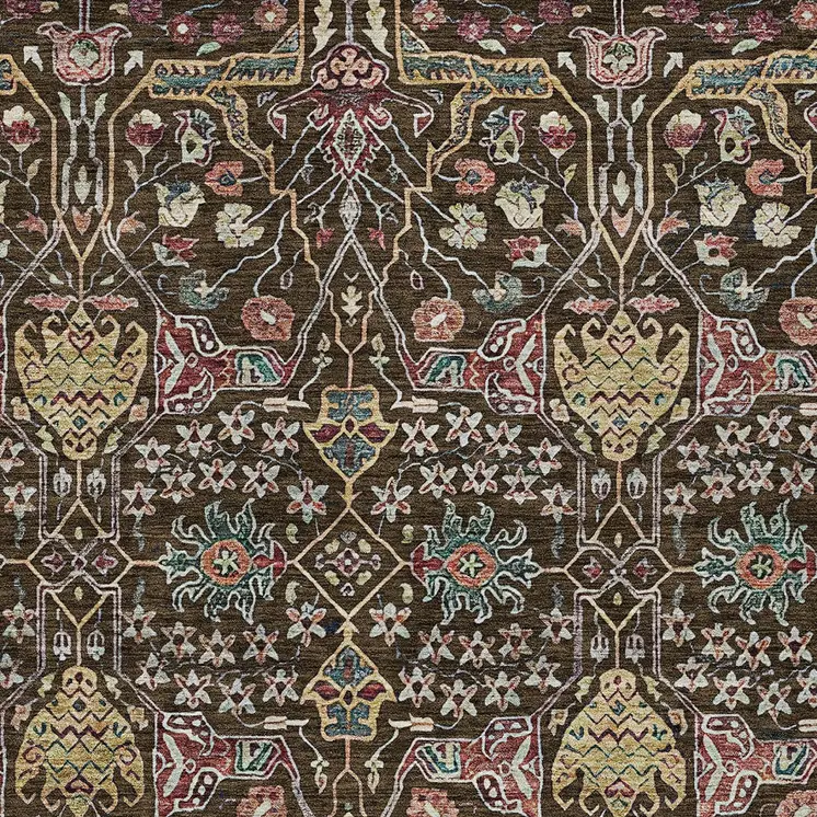 10' X 14' Chocolate Red And Gold Floral Washable Indoor Outdoor Area Rug