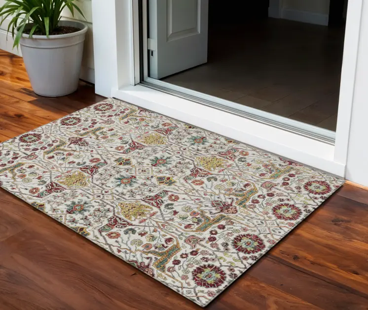 3' X 5' Ivory Red And Green Floral Washable Indoor Outdoor Area Rug