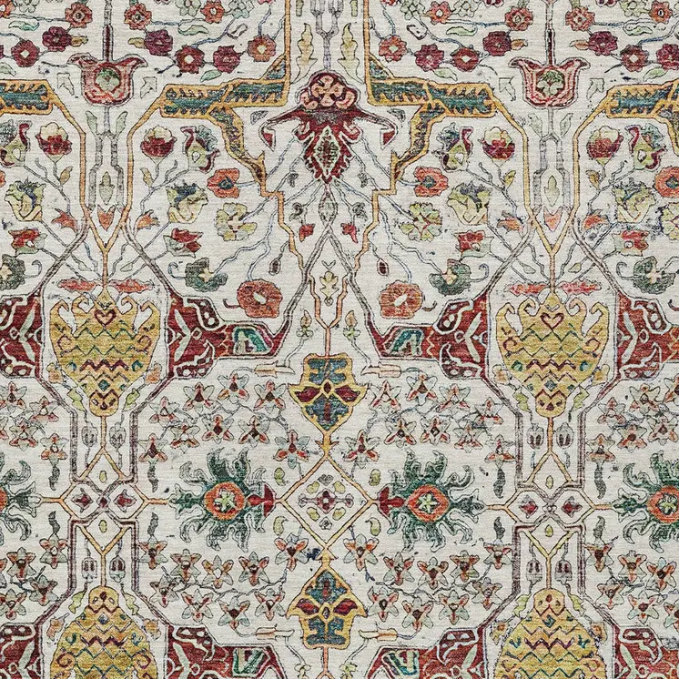 3' X 5' Ivory Red And Green Floral Washable Indoor Outdoor Area Rug