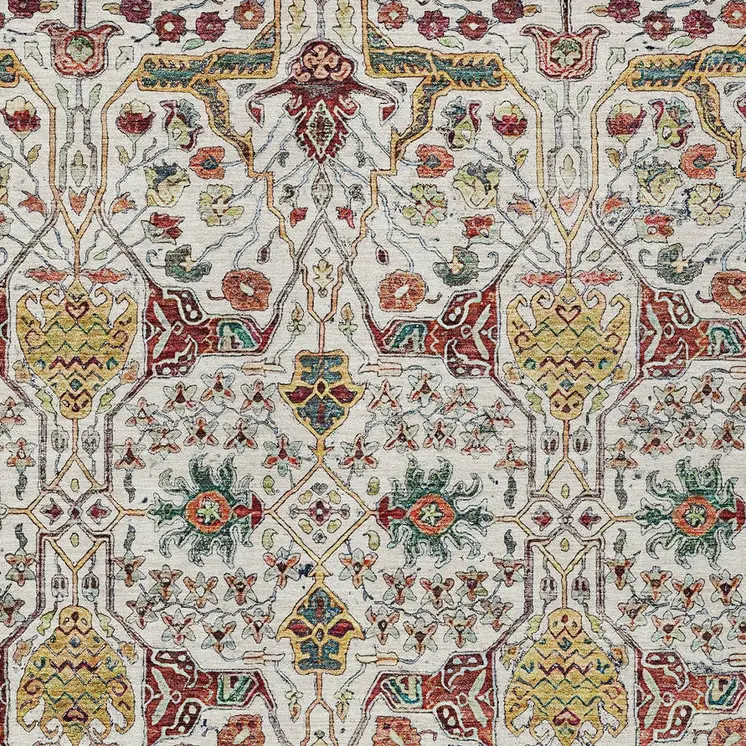 5' X 8' Ivory Red And Green Floral Washable Indoor Outdoor Area Rug