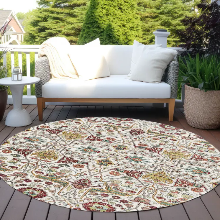 8' Ivory Red And Green Round Floral Washable Indoor Outdoor Area Rug